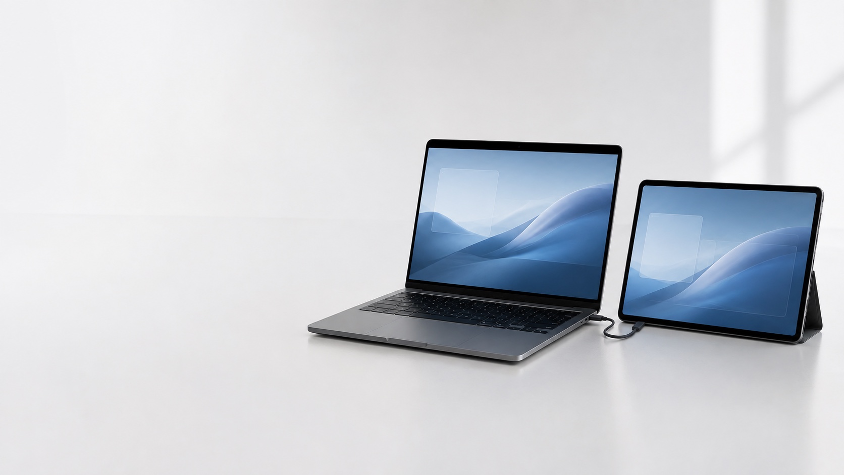 A laptop and tablet connected by a cable on a desk